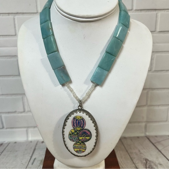 Jewelry - Vintage Blue Stone Necklace Oval Pottery Pendant hand-painted Ceramic Metal OOAK